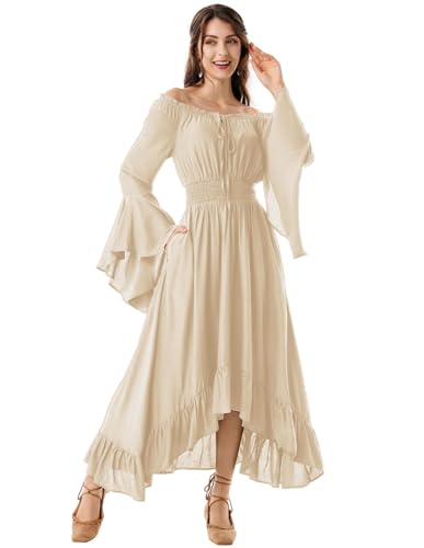 Scarlet Darkness Women's Off-Shoulder High-Low Dress with Bell Sleeves for Renaissance Faire