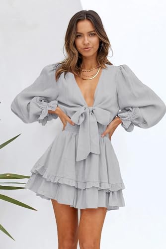 AlvaQ Women's Floral Print Knot Front V-Neck Mini Dress