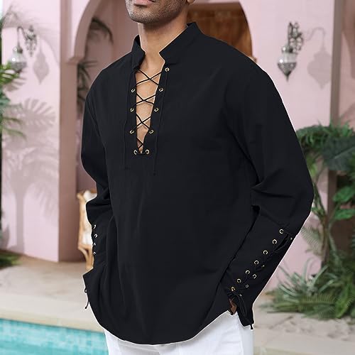 Men's CTU Cotton Linen Shirt Drawstring Arm Bands Medieval Viking Pirate Costume